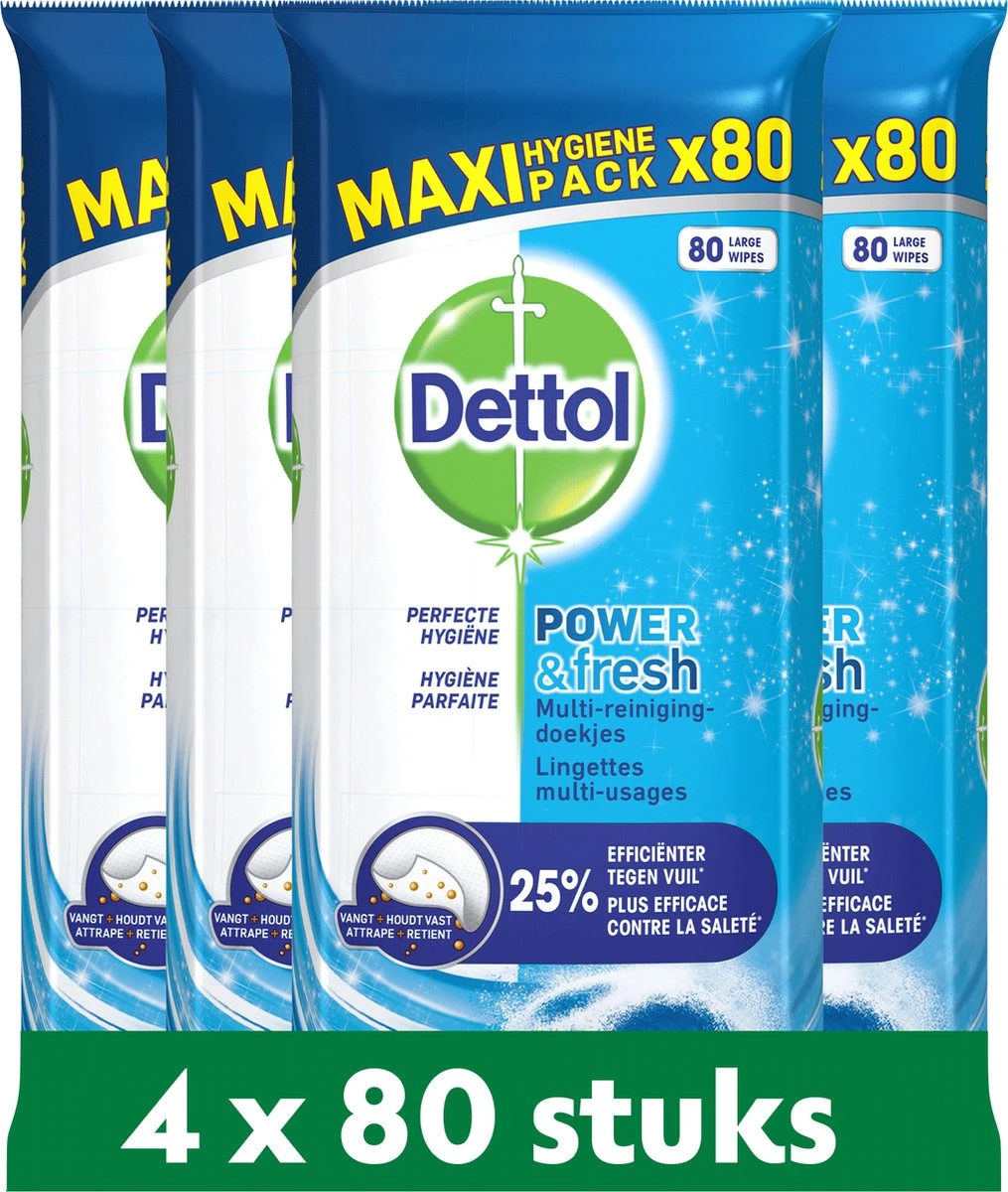 Dettol - Power & Fresh - Schoonmaakdoekjes - Oceaanfris - 4 X 80 Doekjes 1 Dettol - Power & Fresh - Schoonmaakdoekjes - Oceaanfris - 4 X 80 Doekjes