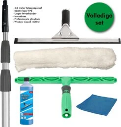 Professionele Glasreinigingsset 6in1 - Ramen Wassen 4,5m Steel! - Raamwisser 35cm, UNGER Inwasser, Speciale Glasdoek, Window Liquid. 500ml