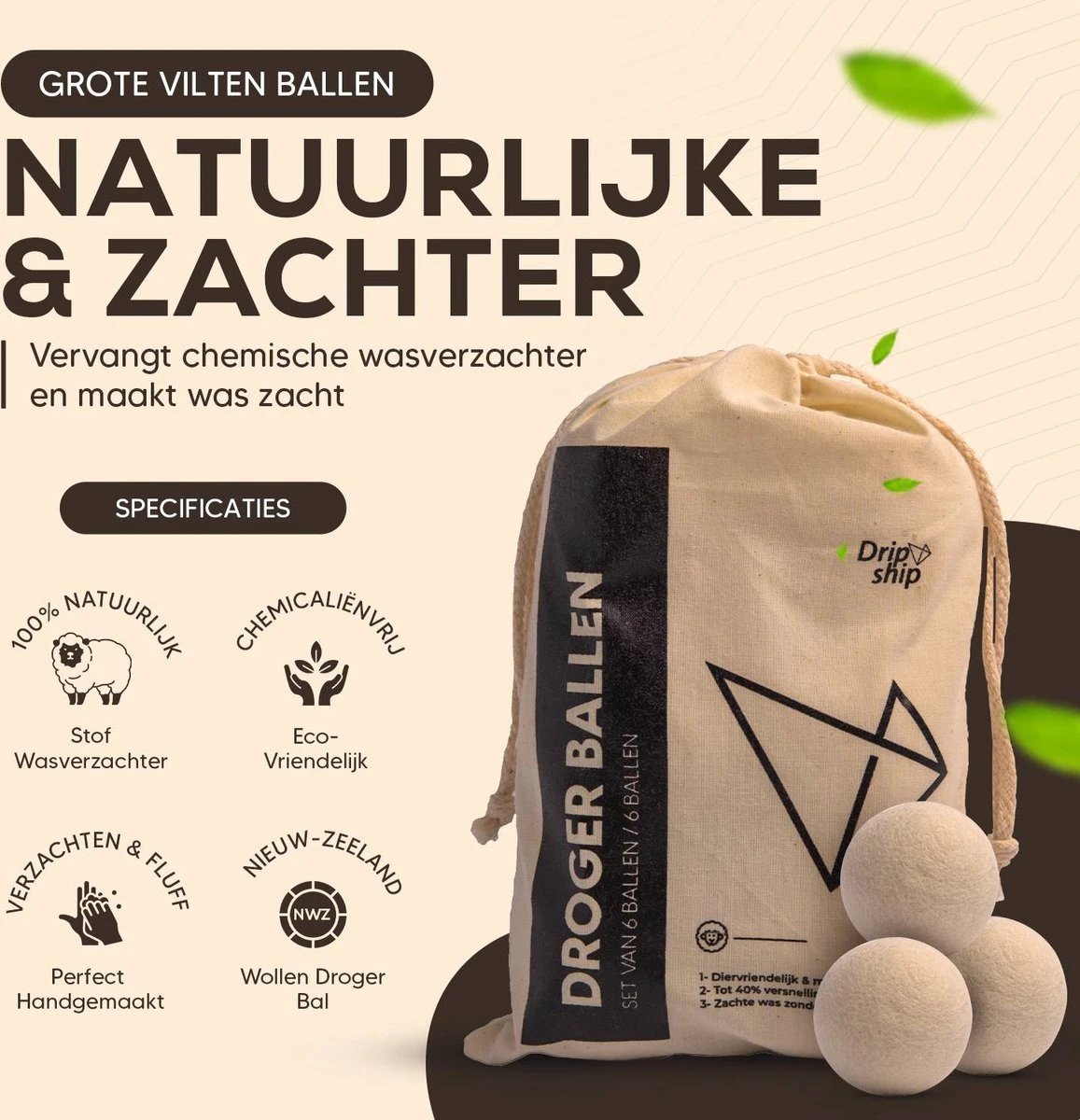 Drogerballen - Droogballen - Wasdrogerballen - Dryerballs - 6 Stuks - XL Formaat - Wol - Set 2 Drogerballen - Droogballen - Wasdrogerballen - Dryerballs - 6 Stuks - XL Formaat - Wol - Set - Afbeelding 2