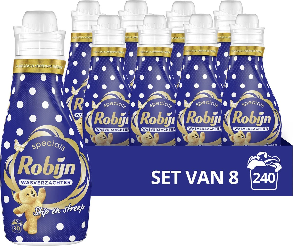 Robijn Specials Stip En Streep Wasverzachter - 8 X 30 Wasbeurten - Voordeelverpakking 1 Robijn Specials Stip En Streep Wasverzachter - 8 X 30 Wasbeurten - Voordeelverpakking