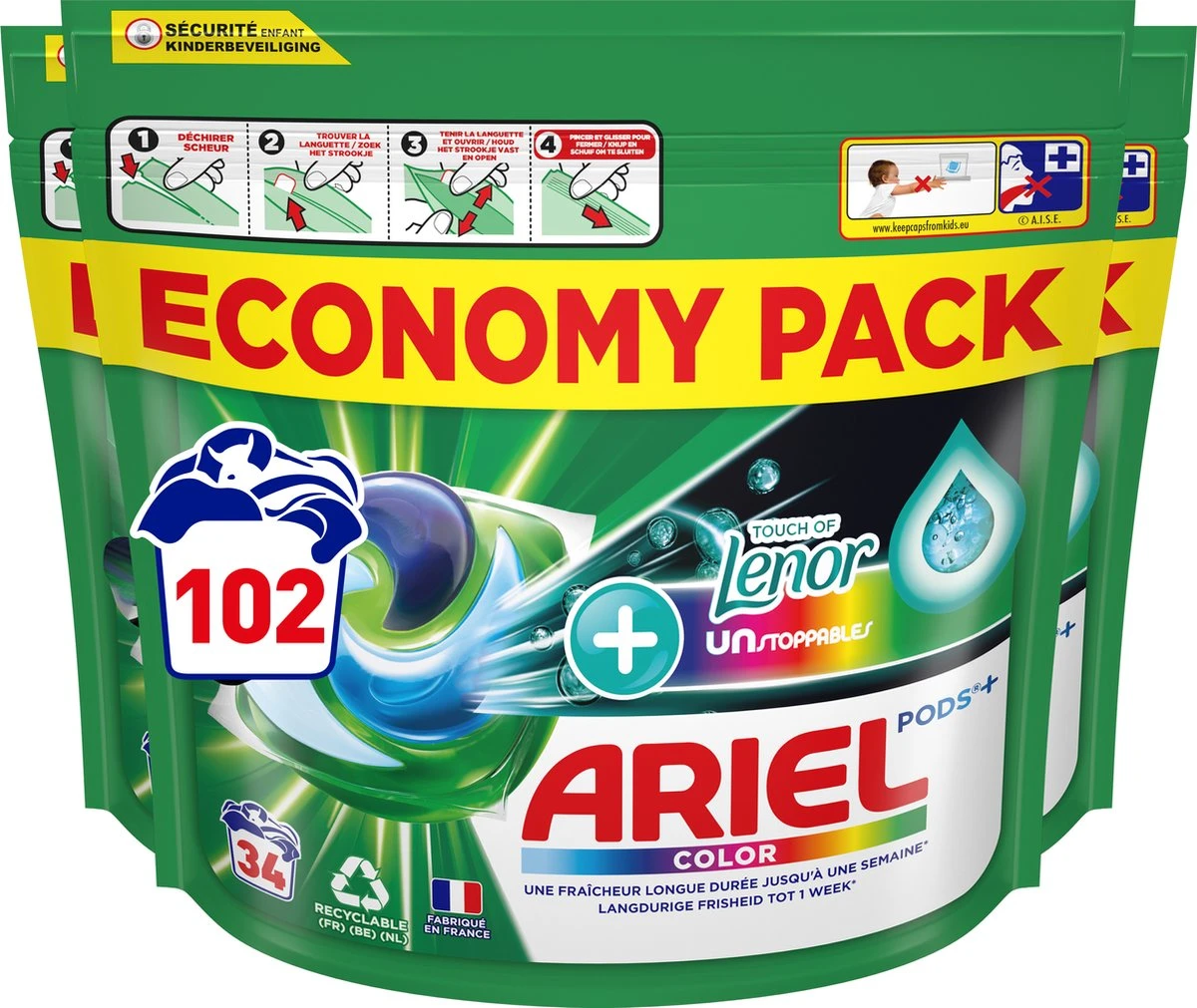 Ariel Wasmiddel Pods +Touch Van Lenor Unstoppables - Kleur - 3 X 34 Wasbeurten Voordeelverpakking 1 Ariel Wasmiddel Pods +Touch Van Lenor Unstoppables - Kleur - 3 X 34 Wasbeurten Voordeelverpakking