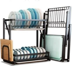 Doogo® Afdruiprek Met Lekbak 2 Laags – Inklapbaar - Muur Hangen Mogelijke - Afwasrek – Met 2 Lekbakken – Extra Accessories Voor Servies En Snijplanken - RVS -HG Sales 1200x1095