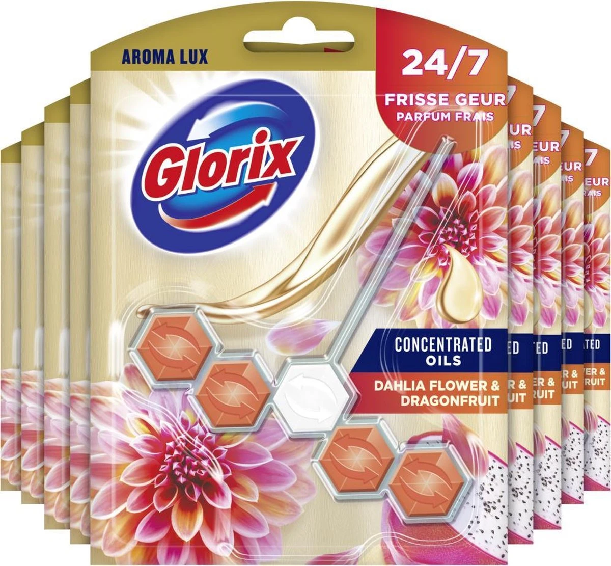 Glorix Aroma Lux Dahlia Flower & Dragonfruit - 9 Toiletblokken - Halfjaarbox - Voordeelverpakking 1 Glorix Aroma Lux Dahlia Flower & Dragonfruit - 9 Toiletblokken - Halfjaarbox - Voordeelverpakking