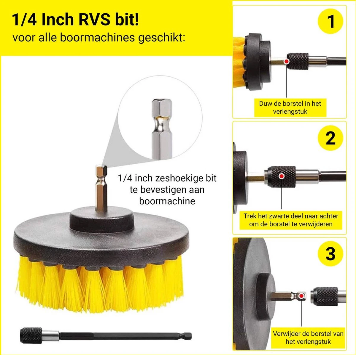Professionele 4 Delige Borstelset Voor De Boormachine Incl. Verlengstuk, Deze Schoonmaak Schuurborstel Elektrisch Opzetborstel Schrobborstel Set Is Geschikt Als Schrobber Voor Badkamer, Auto, Keuken En Tuin 3 Professionele 4 Delige Borstelset Voor De Boormachine Incl. Verlengstuk, Deze Schoonmaak Schuurborstel Elektrisch Opzetborstel Schrobborstel Set Is Geschikt Als Schrobber Voor Badkamer, Auto, Keuken En Tuin - Afbeelding 3