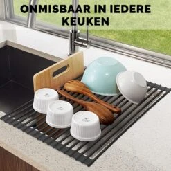 Kitch&Life Afdruiprek Oprolbaar - Mat Zwart - Pannenonderzetter - Afdruipmat - Keukenrek 3-in-1 -HG Sales 1200x1200 1480