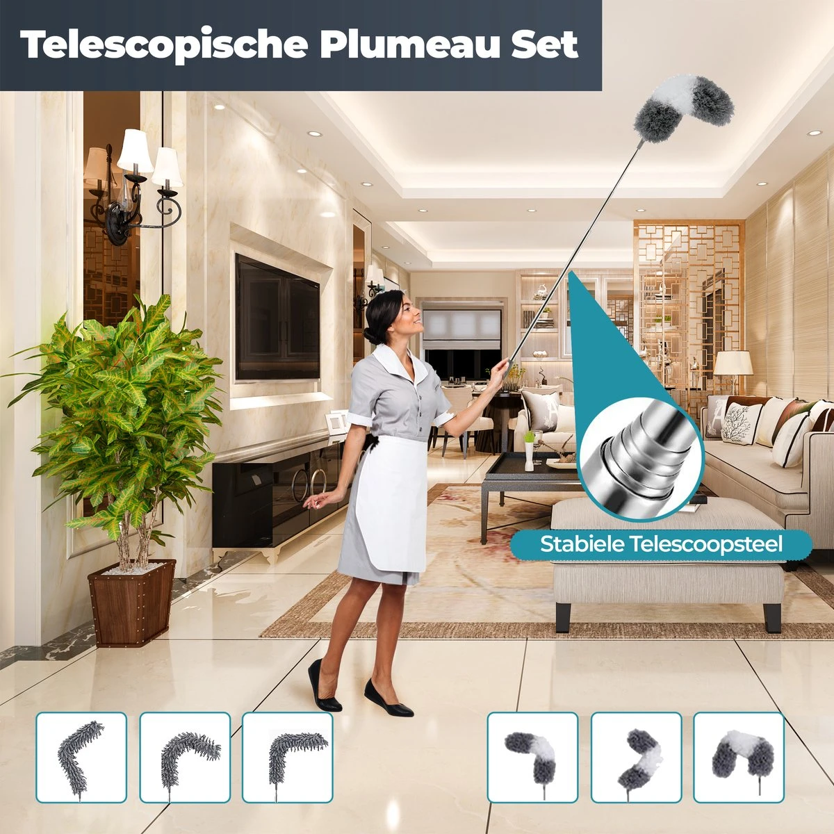Novabeau® - Telescopische Plumeau – Plumeau Met Telescoopsteel – Ragebol – Uitschuifbaar – Grijs – 3-delige Set 5 Novabeau® - Telescopische Plumeau – Plumeau Met Telescoopsteel – Ragebol – Uitschuifbaar – Grijs – 3-delige Set - Afbeelding 5