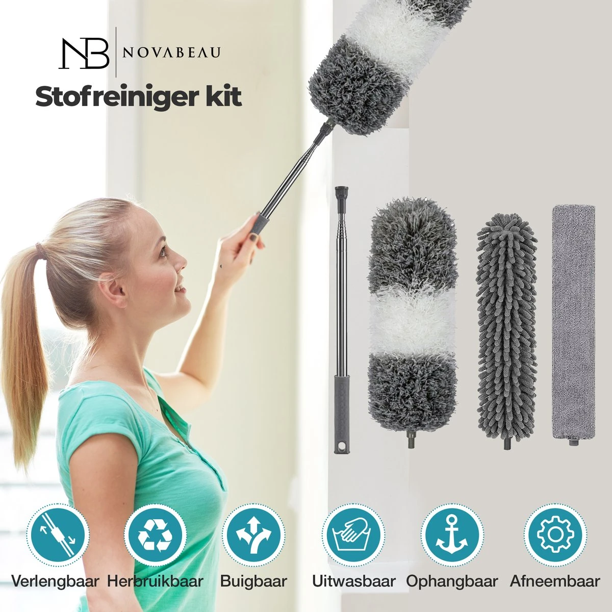 Novabeau® - Telescopische Plumeau – Plumeau Met Telescoopsteel – Ragebol – Uitschuifbaar – Grijs – 3-delige Set 6 Novabeau® - Telescopische Plumeau – Plumeau Met Telescoopsteel – Ragebol – Uitschuifbaar – Grijs – 3-delige Set - Afbeelding 6