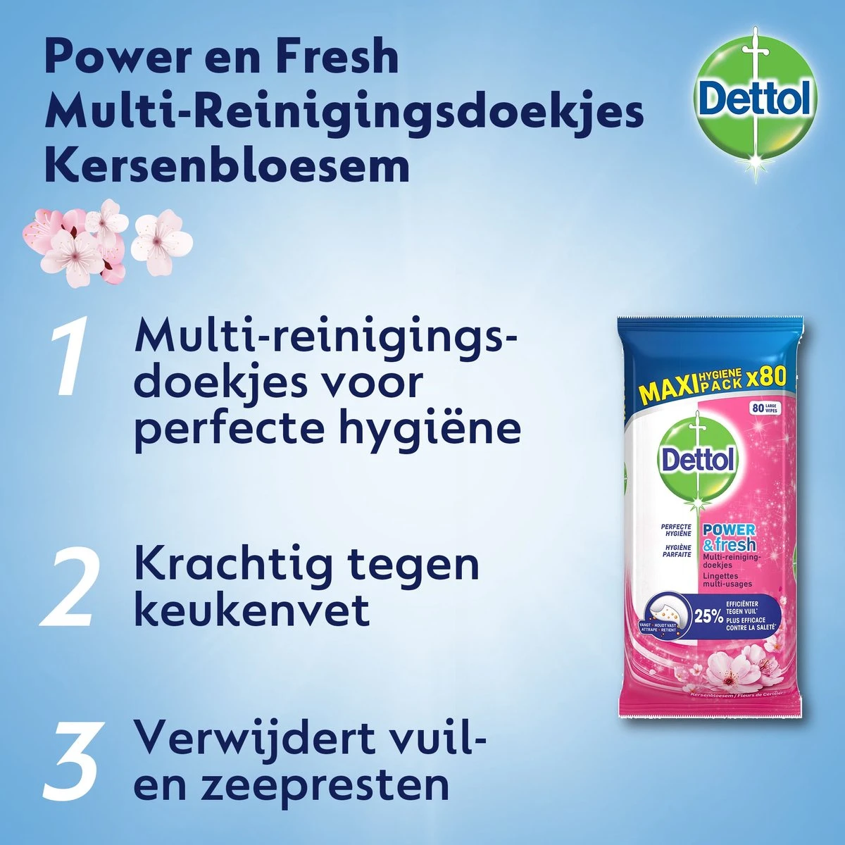 Dettol Schoonmaakdoekjes Power & Fresh - Kersenbloesem - 80 Stuks X6 3 Dettol Schoonmaakdoekjes Power & Fresh - Kersenbloesem - 80 Stuks X6 - Afbeelding 3