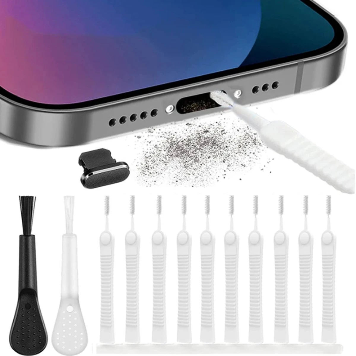 Merkloos Complete Schoonmaak Set Laadpoort Stofverwijderaar Geschikt Voor Apple Iphone Pro En Airpods - Dust Cover Cleaning Kit – Oplaadpoort Schoonmaken – Stofkapje Anti Stof Plug Schoonmaakset Tips 1 Merkloos Complete Schoonmaak Set Laadpoort Stofverwijderaar Geschikt Voor Apple Iphone Pro En Airpods - Dust Cover Cleaning Kit – Oplaadpoort Schoonmaken – Stofkapje Anti Stof Plug Schoonmaakset Tips