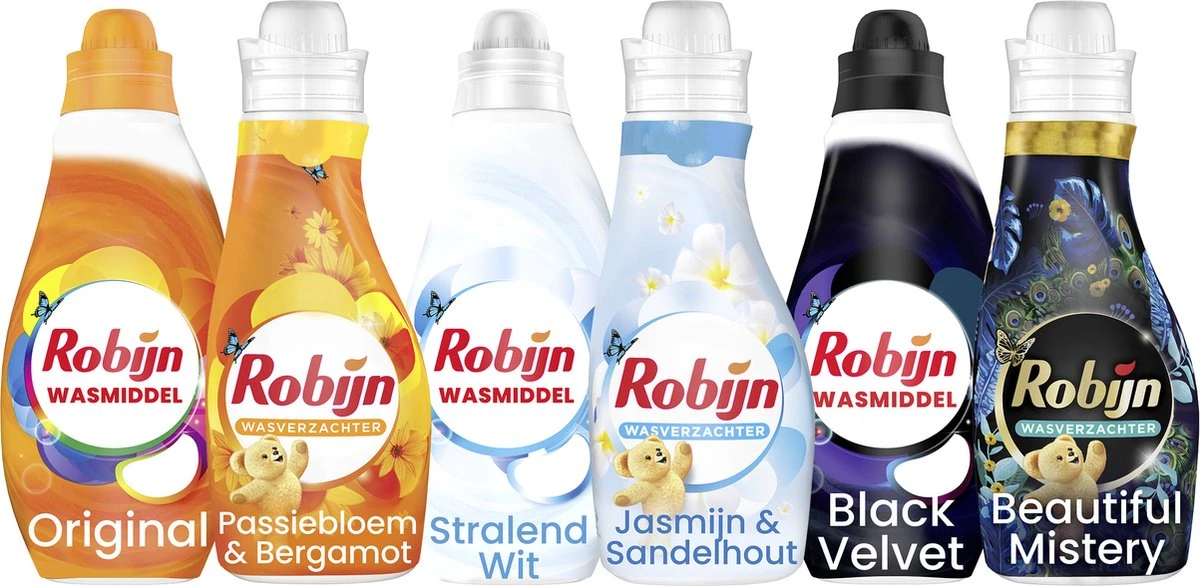 Robijn Perfect Match Stralend Wit, Black Velvet En Color Wasmiddel - En Wasverzachter Pakket - 6 Stuks - Voordeelverpakking 1 Robijn Perfect Match Stralend Wit, Black Velvet En Color Wasmiddel - En Wasverzachter Pakket - 6 Stuks - Voordeelverpakking