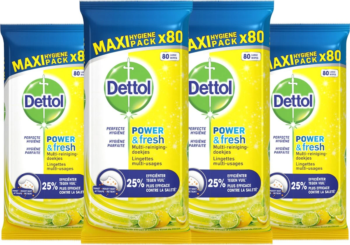 Dettol - Power & Fresh - Schoonmaakdoekjes - Citrus - 4 X 80 Doekjes 1 Dettol - Power & Fresh - Schoonmaakdoekjes - Citrus - 4 X 80 Doekjes