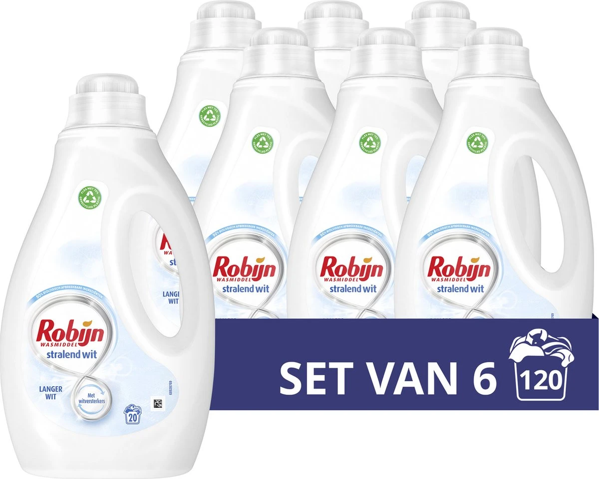 Robijn Stralend Wit Vloeibaar Wasmiddel - 6 X 20 Wasbeurten - Voordeelverpakking 1 Robijn Stralend Wit Vloeibaar Wasmiddel - 6 X 20 Wasbeurten - Voordeelverpakking