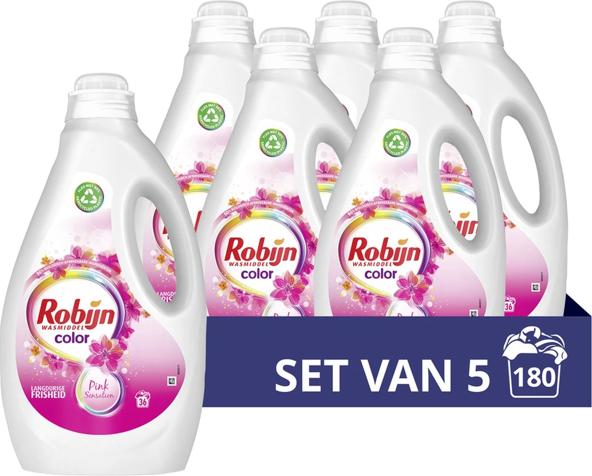 Robijn Color Pink Sensation Vloeibaar Wasmiddel - 5 X 36 Wasbeurten - Voordeelverpakking 1 Robijn Color Pink Sensation Vloeibaar Wasmiddel - 5 X 36 Wasbeurten - Voordeelverpakking