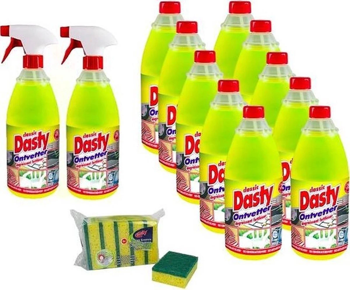 Dasty Ontvetter Voordeelpack: 2x Spuitfles + 10x Navulling+ GRATIS Set Sponzen + 1 Set Schoonmaakhandschoenen 1 Dasty Ontvetter Voordeelpack: 2x Spuitfles + 10x Navulling+ GRATIS Set Sponzen + 1 Set Schoonmaakhandschoenen