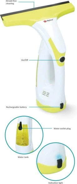 Alpina Elektrische Ramenwasser - Ruitenreiniger 635GR - Oplaadbare Raamtrekker - 3,7V Lithiumbatterij - Batterijduur 30 Minuten - 70ML Waterreservoir - Wit/Geel -HG Sales 502x1200