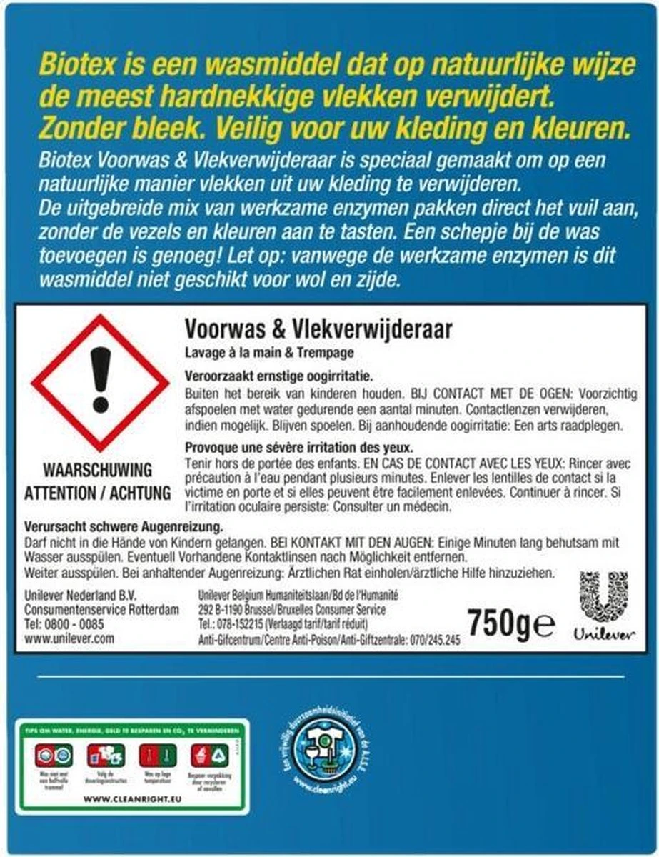 Biotex Waspoeder Voorwas & Waskrachtversterker - 750 Gram 3 Biotex Waspoeder Voorwas & Waskrachtversterker - 750 Gram - Afbeelding 3